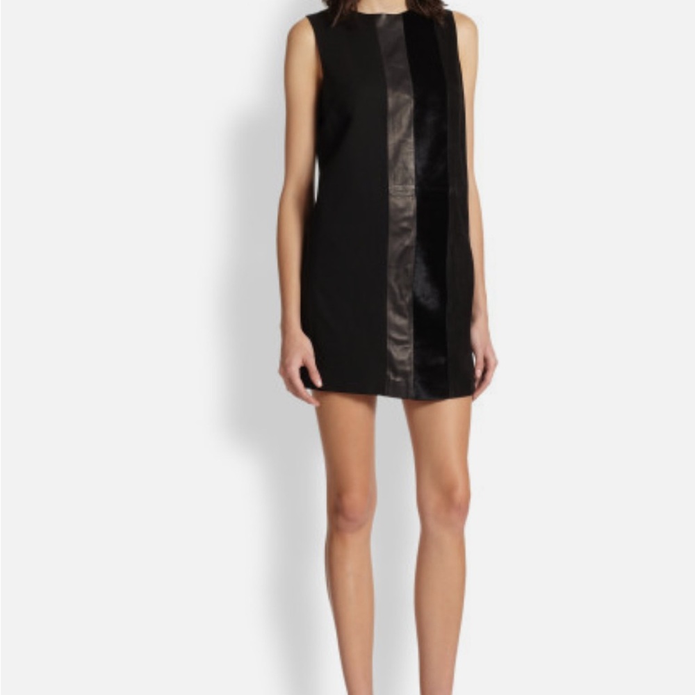 Chic Theory Elso  Black Shift Dress with leather and calf hair accents